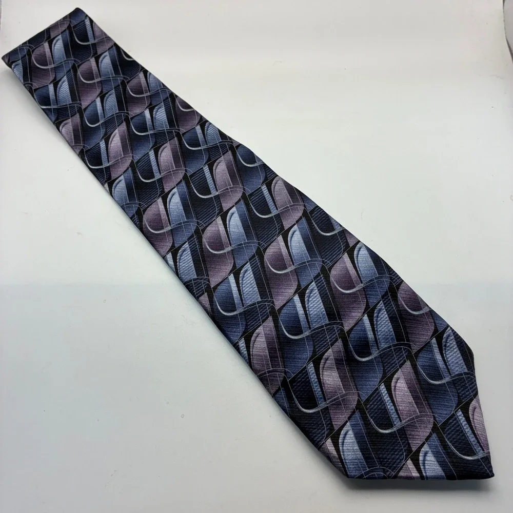 Murano Italia Mens Silk Tie Blue Purple Geometric Abstract Made in USA 4‎ Inch